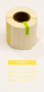 able-label-2-by-2-white-with-pastel-yellow-print-day-of-week-tueday-food-rotation-water-dissolvable-label